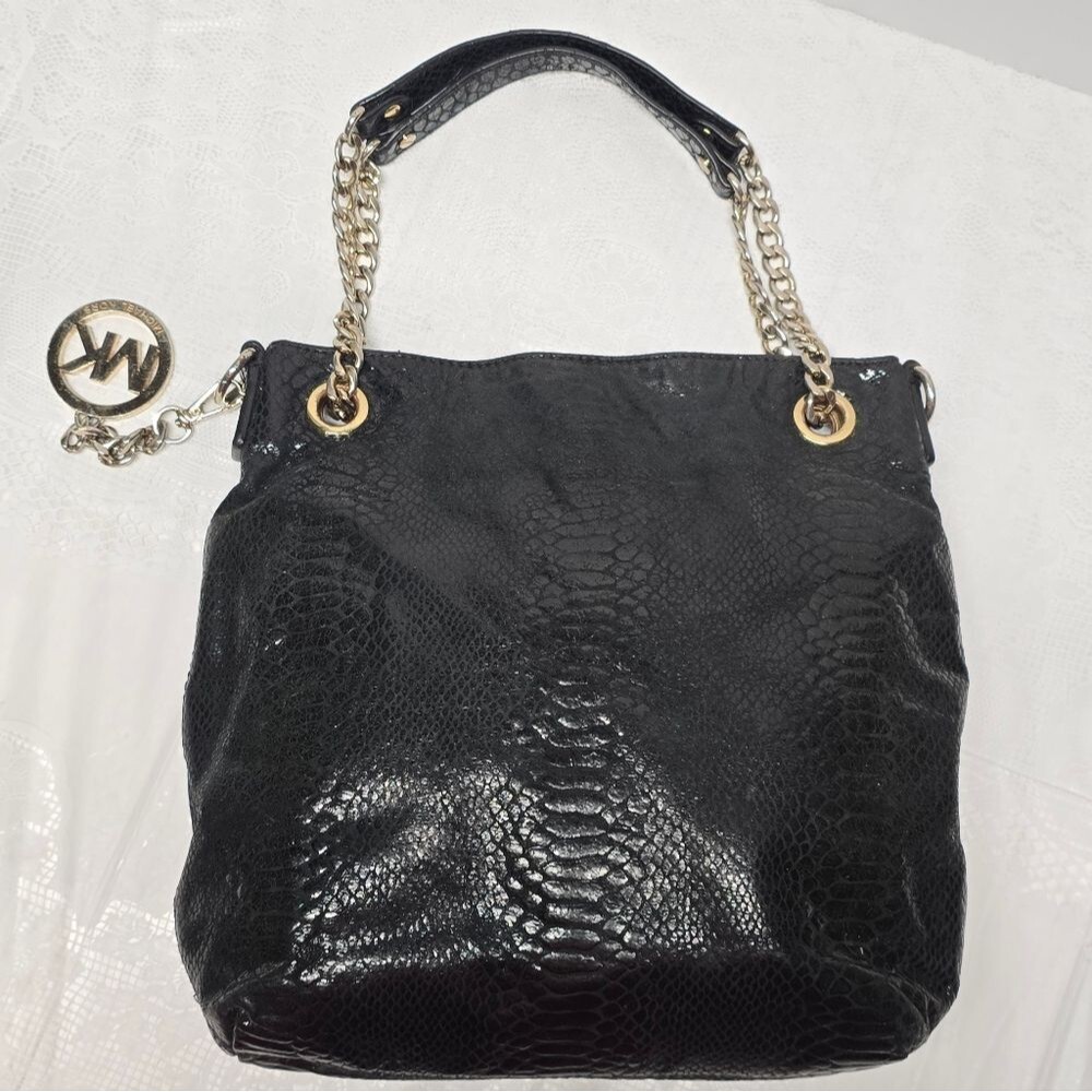 Michael Kors Python Snakeskin Embossed Leather Black Chain Hand Bag Boho Chic
